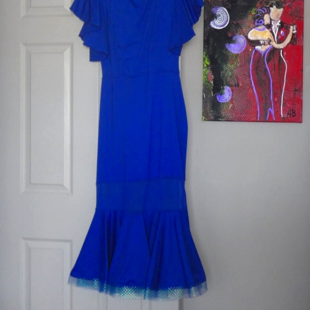 Latin Dance Elegant Blue Ruffled Dress
